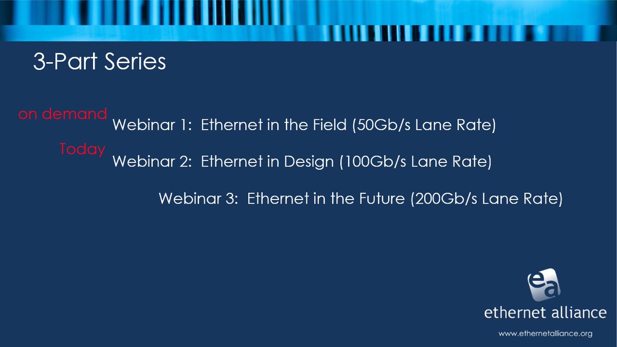 EthernetAllianc's tweet image. Our first speaker is is Kae Dube of @UNH_IOL, who is sharing who the @EthernetAllianc is and what we do. As a reminder, this is part of our ongoing #TechnologyWebbinar series. Watch previous presentations on-demand now at: bit.ly/EATechWebinars… #Ethernet #100GbpsLaneRate