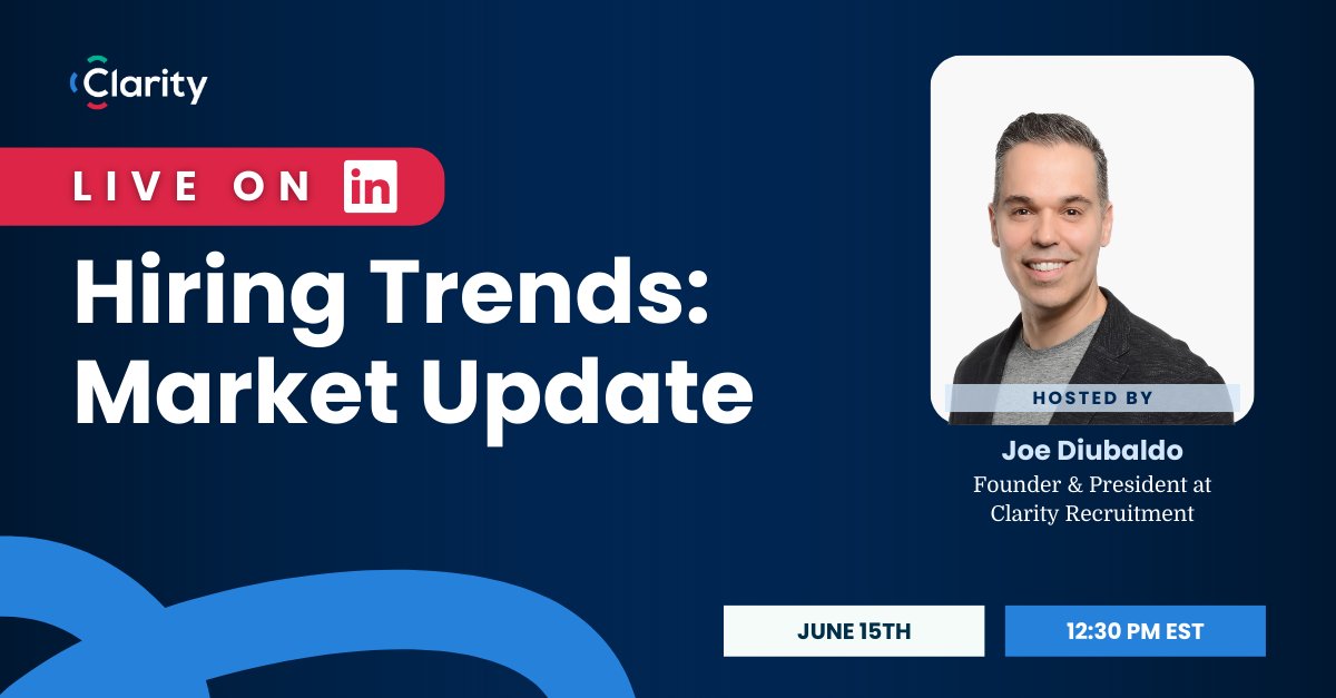 Join us on June 15th for a LinkedIn Live session for a market update on recent hiring trends featuring Joe Diubaldo, Founder &amp; CEO of Clarity Recruitment: bit.ly/43p8l4M
#hiringtrends #talentacquisition #recruitment