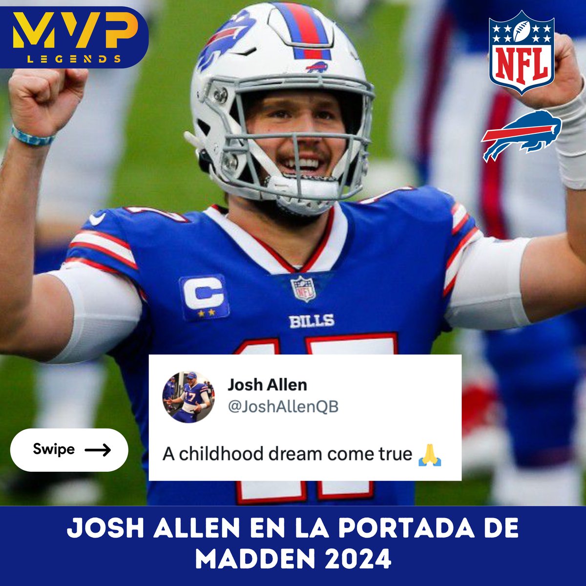 MVPLegendsMX's tweet photo. Josh Allen es la nueva portada de Madden 2024 🔥🏈😍

¿Le caerá la famosa maldición de Madden? Patrick Mahomes rompió la maldición, será el mismo caso con el QB de Buffalo?🤔🙌🏼

#nfl #madden2024 #madden24 #madden #joshallen #billsmafia #bills #noticiasnfl #nflnews #nflenespañol https://t.co/a04NCowzpa