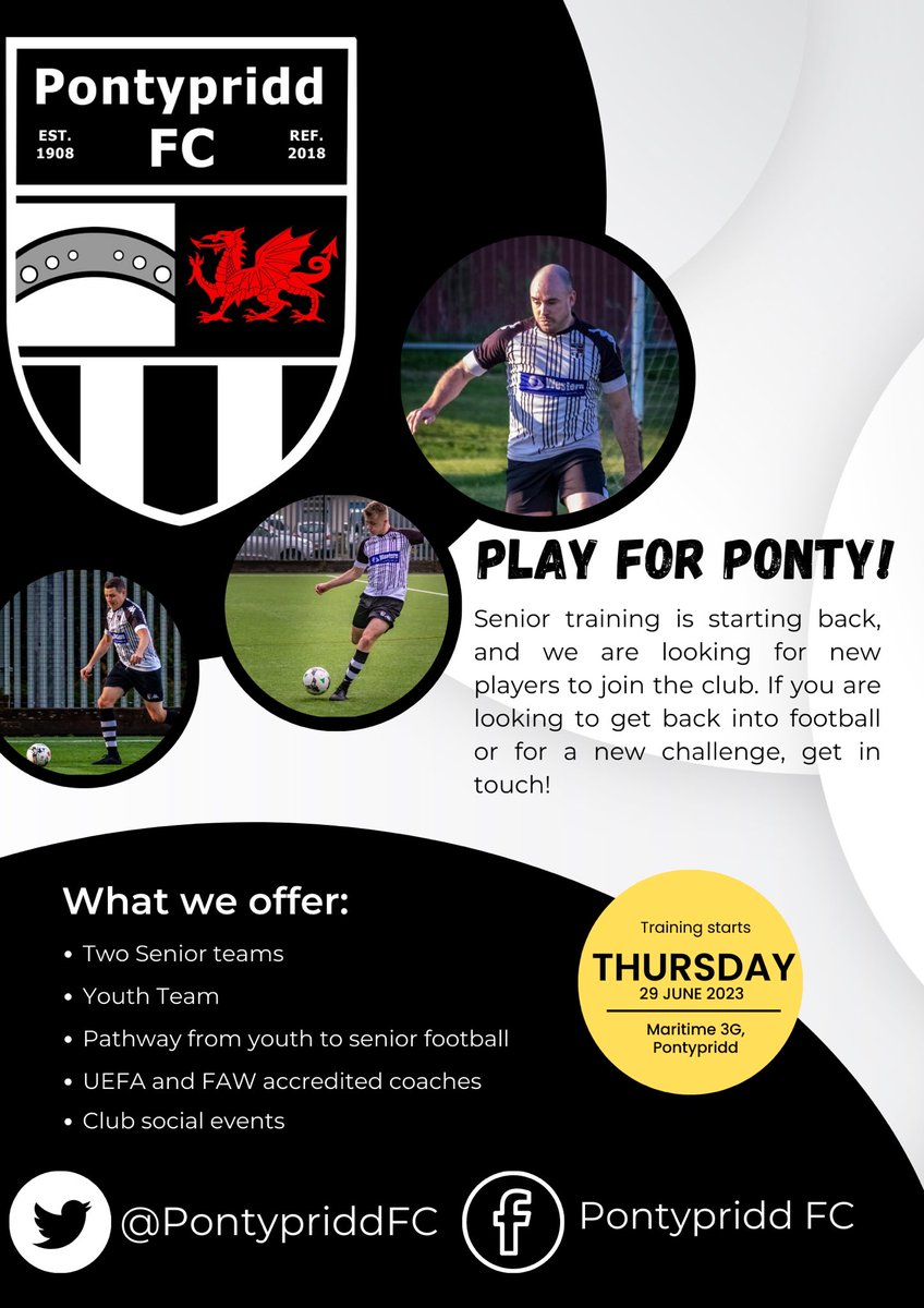 PontypriddAFC's tweet photo. Senior Training⚽️

With pre season just around the corner our senior teams will commence training on 29th June. 

We are looking for new players to add to the squad. So if you fancy a new challenge or just looking to stay active through football, get in touch! https://t.co/1yp9xMxD4U