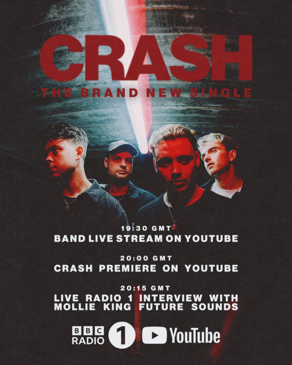 onlythepoetsuk's tweet photo. TOMORROW!! Can’t wait to show you ‘Crash’ and buzzing to be doing our first @BBCR1 interview with @MollieKing ❤️💥

Join us from 7.30pm GMT for a live stream on YouTube and then watch ‘Crash’ with us.

Then head over to Radio 1 to hear us talking to Mollie King!!

No one has ever heard this song, so we’d love for you to record your first reaction and post it! 💥