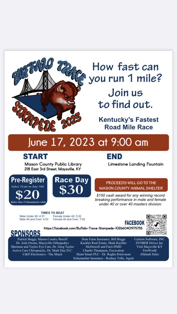 activedc91's tweet photo. On global run day let’s go out and run a mile and sign up for the fastest road mile in Kentucky in the historic town of Maysville. Put us on your calendar ⁦@themile⁩ as we bring the mile back for our 3rd year https://t.co/6pLOz1wMNA