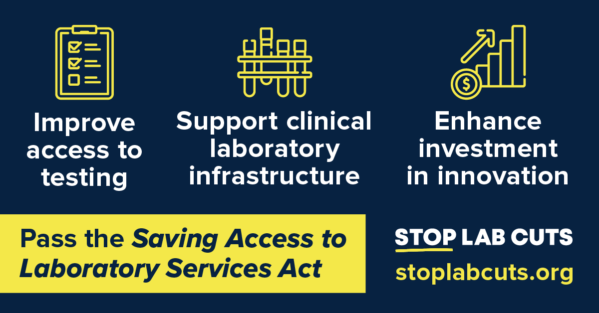 ACLAlabs's tweet photo. Passing the Saving Access to Laboratory Services Act will protect patient access to testing, critical clinical laboratory infrastructure and innovation in tomorrow’s diagnostics. Learn more and tell Congress to #StopLabCuts: https://t.co/2LeU20qaL2. https://t.co/iD0IkgWkqs