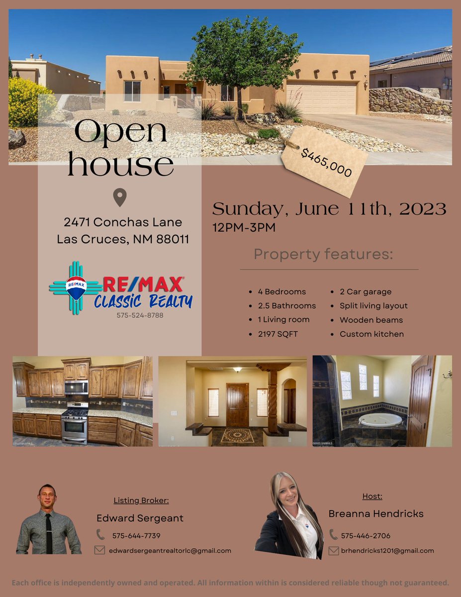🙌🧡Open House 🧡🙌
📍2471 Conchas Lane | Sunday, June 11th from 12pm - 3pm

📲Hosted by Breanna Hendricks (575) 446-2706 📲

Listed by Edward Sergeant (575) 644-7739
RE/MAX Classic Realty (575) 524-8788
#openhouse #lascrucesnm #NewMexico #desertliving #desertlife
