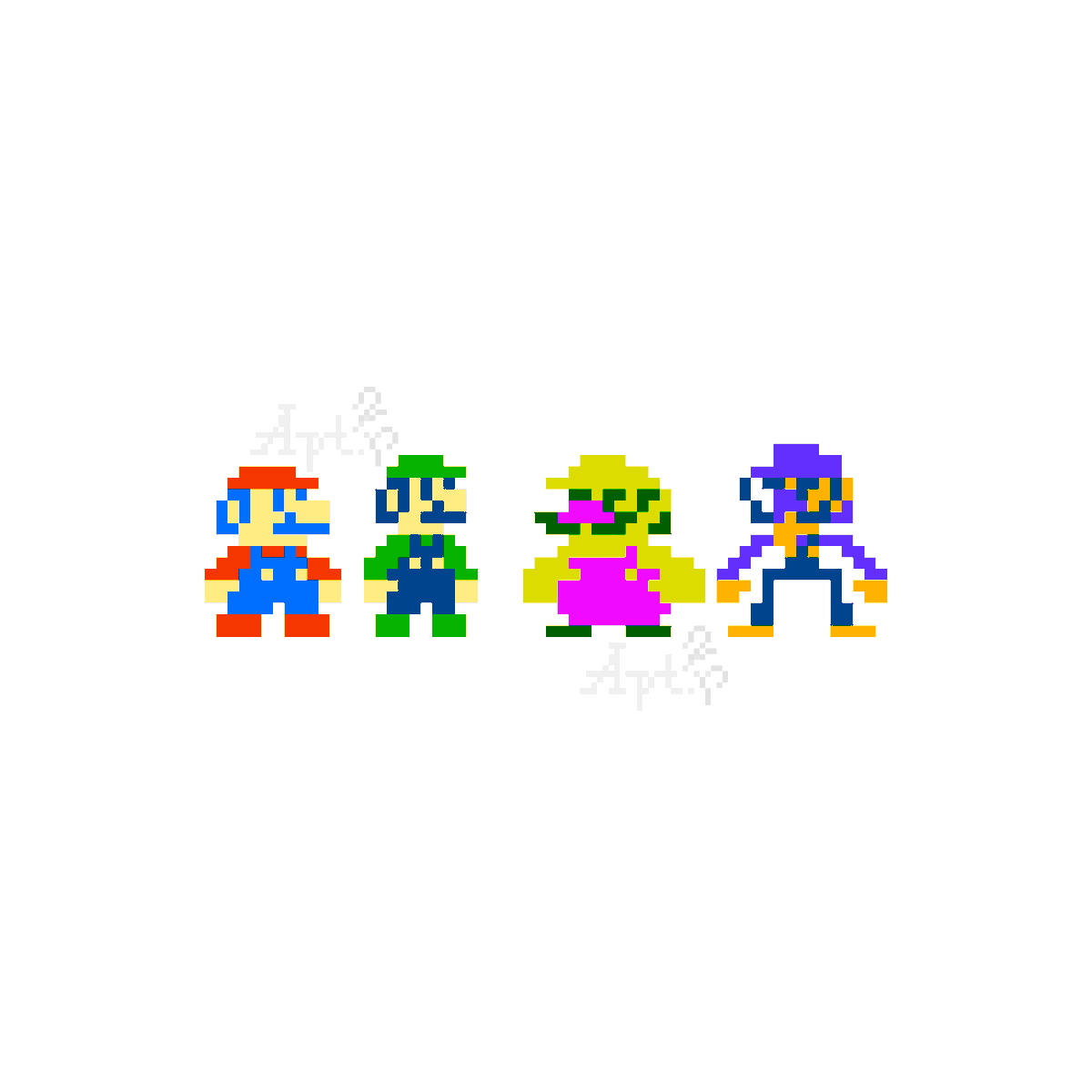 Apartment2P's tweet photo. Drew #Mario,#Luigi,#Wario &amp; #Waluigi in a style inspired by various #Nintendo games of the #80s like Donkey Kong, #SuperMarioBros &amp; #SuperMario Land!🎨

Wanted to create more #retro/#8Bit Mario stuff after reimagining Daisy's sprite from SML last year.😊

#FanArt #PixelArt #Apt2P https://t.co/ZBrBuHQEU1