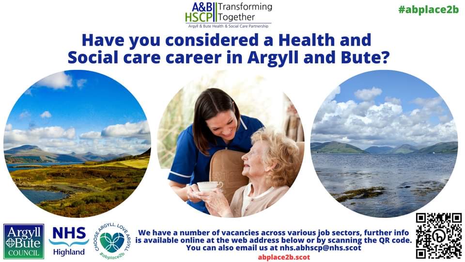 Fancy living and working in Argyll and Bute? Then why not check out up to date vacancies by clicking the QR code or checking out the website. #abplace2b #HSCP #explorecampbeltown #keepingitlocalcic