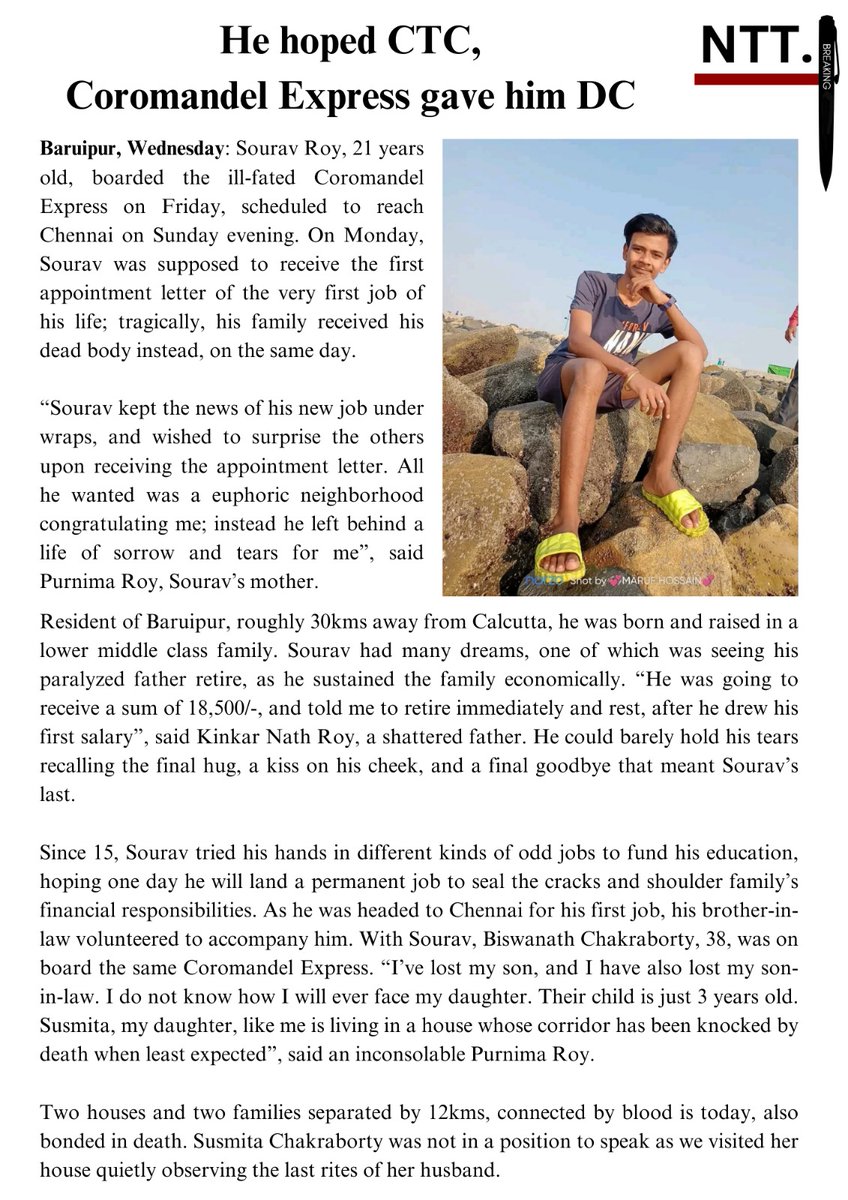 Teetash_12's tweet photo. #CoromandelFiles - "....... all he left behind, a life of sorrow and tears for me"
The tragic story of Sourav Roy, who had set out to collect his appointment letter, but, the #CoromondalExpress presented his family with a death certificate instead. #NTT https://t.co/wLmgE5YGj6