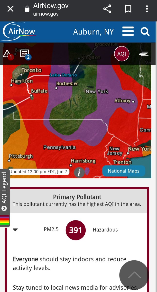 Dangerous pollutant levels here in the fingerlakes. #CanadaFires #auburnny #UpstateNY #smoke