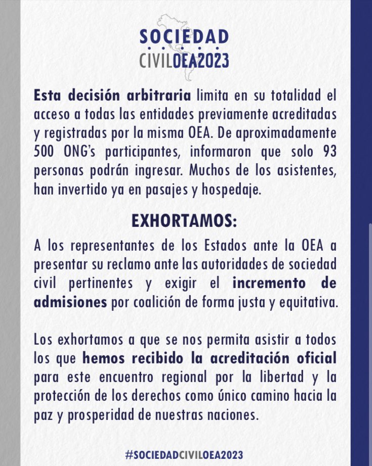 🆘 La OEA ha reducido arbitrariamente el número de admisiones para organizaciones de la sociedad civil.
 
#SociedadCivilOEA2023