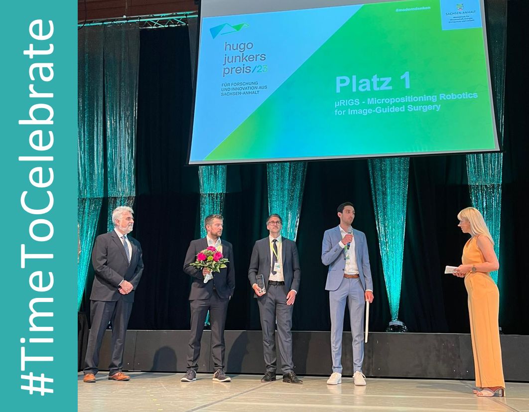 STIMULATE_FC's tweet photo. #STIMULATEs erhielten soeben den 1. Platz im #HugoJunkersPreis für “#µRIGS – #Micropositioning #Robotics for Image-Guided Surgery” in der Kategorie “angewandte Forschung“! Herzlichen Glückwunsch dem Erfinderteam @IvanFomin_OvGU, Robert Odenbach, @Bennet Hensen, Marcel Gutberlet https://t.co/72pNxppNl9