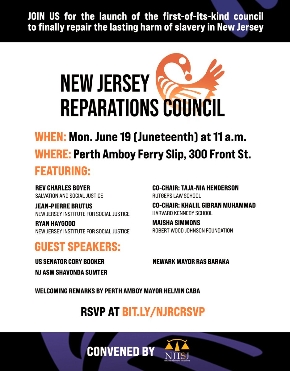 NJ_ISJ's tweet photo. Join us, @CoryBooker, @rasjbaraka, @shavondasumter and other esteemed speakers on Juneteenth as we launch the first-of-its-kind council to finally repair the lasting harm of slavery in New Jersey. https://t.co/NILv4qIH4V