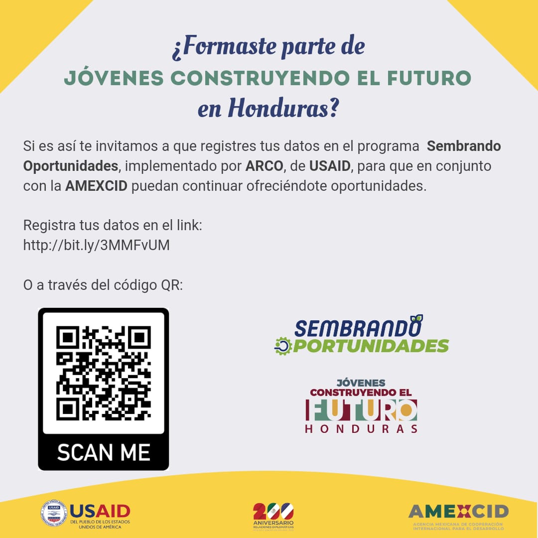 SvJcfHonduras's tweet photo. ¿Fuiste parte de #JóvenesConstruyendoElFuturo en #Honduras?
¿Estas abierto a seguir desarrollando habilidades socio – laborales?
Te invitamos a registrar tus datos en el cógido qr adjunto o en https://t.co/7u0HoFm0Dw 
Personal de #ARCO o #SembrandoOportunidades te podrá contactar https://t.co/0dNMGPDcyo