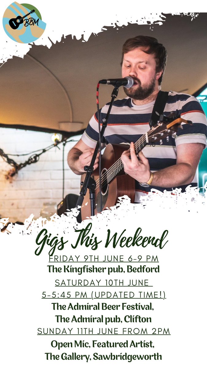 blakebakermusic's tweet photo. BUSY 🎶 WEEKEND! Friday I’m playing at The Kingfisher pub in Bedford (hopefully in the ☀️). Then, I’m at the 🍻 festival at The Admiral in Clifton on Saturday, and I’m at The Gallery in Sawbridgeworth on Sunday 😊🎸🎶 #singersongwriter #weekend #beerfestival #3counties #musician https://t.co/fhWxwBpyAj