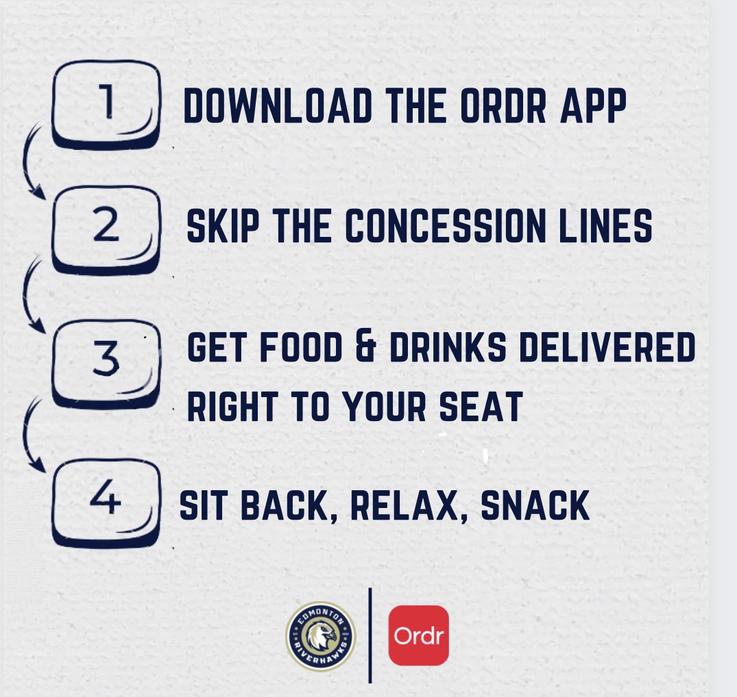 EdmRiverhawks's tweet photo. 🚨 Mobile ordering is here 🚨

We’ve teamed up with @ORDReats to level up your concession experience this summer!

Download the app before you come down to the Home Opener to skip the concession lines or get food right to your seat!

#edmontonriverhawks | #kakawww https://t.co/msKhsf4K0K