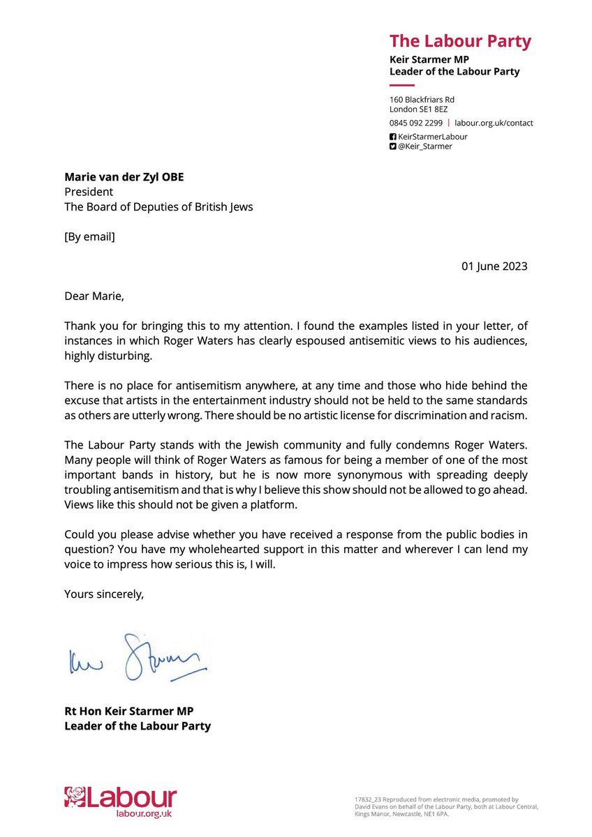 Roger Waters must sue the Board of Deputies and Keir Starmer for the defamation in this letter. He will win. He should then force both of them to donate the compensation awarded to Palestinian charities.
#ItWasAScam