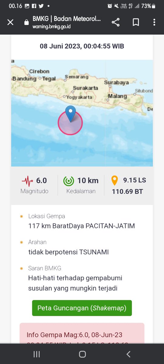 Telah Terjadi gempabumi dengan kekuatan: 6.0 SR, 117 km BaratDaya PACITAN-JATIM, waktu gempa: 08-Jun-23 00:04:55 WIB, Gempa ini tidak berpotensi TSUNAMI