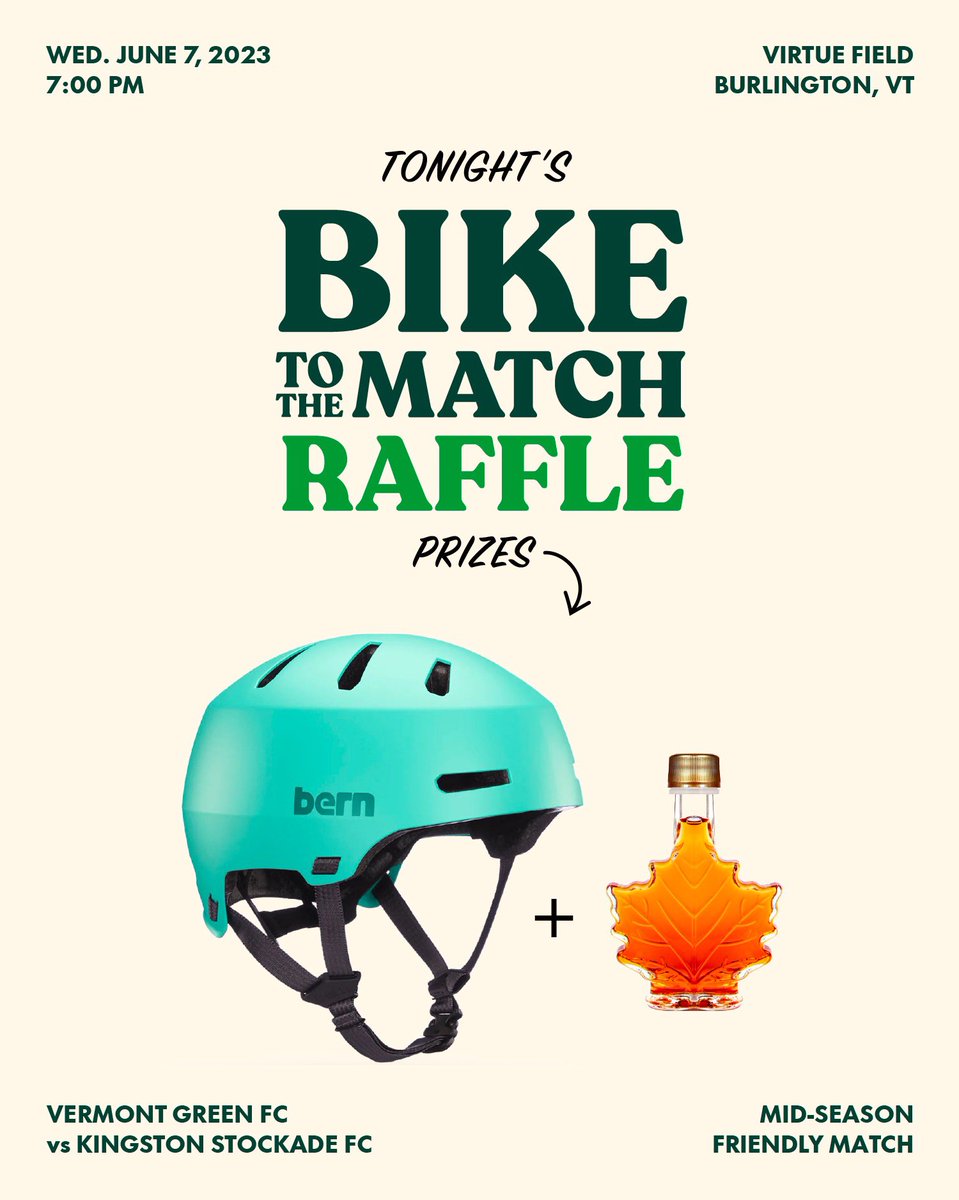 Tonight’s Bike to the Match Raffle winner will receive a helmet from <a href="/bernhelmets/">Bern Helmets</a> &amp; a bottle of pure Vermont Maple Syrup. 🍁 

Bike to the match, use the free bike valet parking from <a href="/LocalMotionVT/">Local Motion</a> and you’ll be automatically entered to win! 🚲