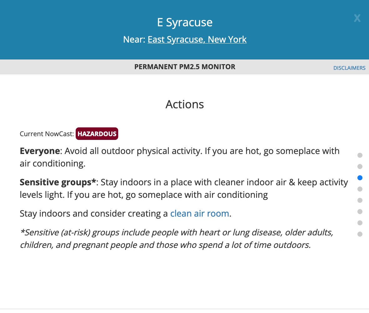 🚨UPDATE: The Canadian wildfire smoke has produced HAZARDOUS air quality conditions in the #Syracuse area.

The climate crisis is here, and the capitalist class sees it fit to sacrifice the working class to the smog.

(via fire.airnow.gov)