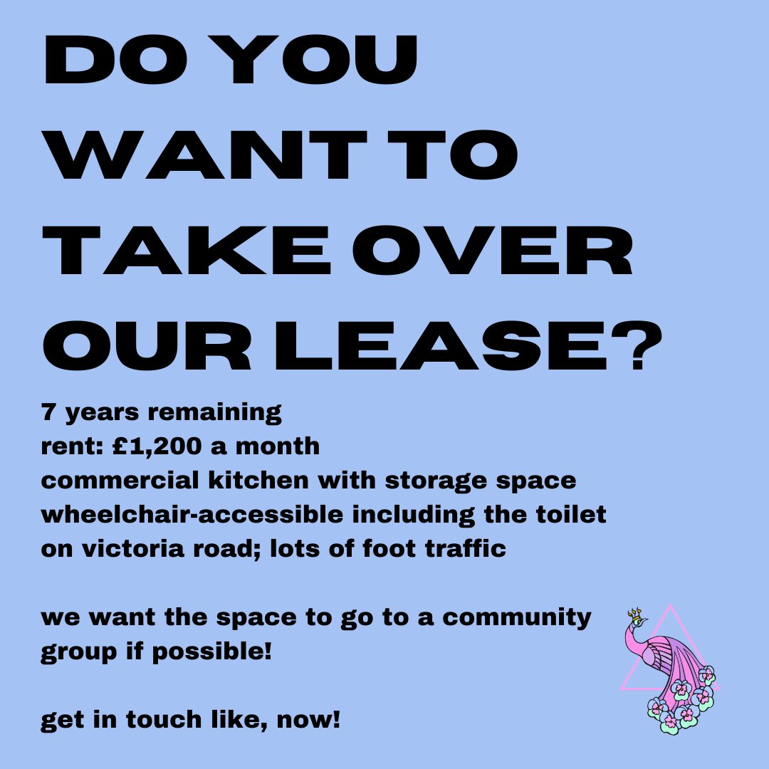 do you want to take over our lease?

we want the space to go a community group if possible! if that's you, get in touch asap:
hi@pinkpeacock.gay