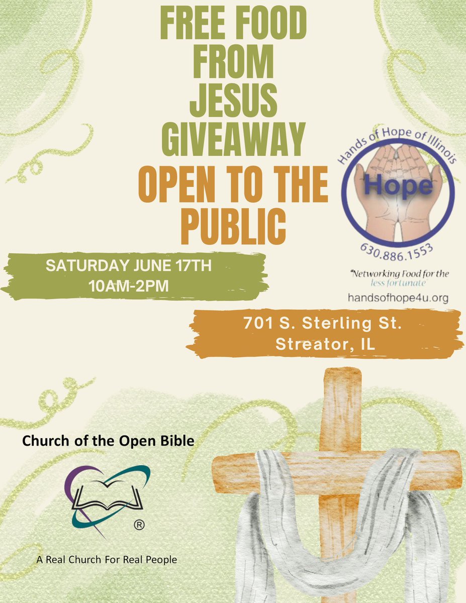 Hands of Hope of Illinois along with Church of the Open Bible will be hosting a #FreeFood #FromJesus #Giveaway on June 17th in Streator, Illinois. Prayer will also be offered by request. God is working to bring communities near and far together. This is HIS #Kingdom