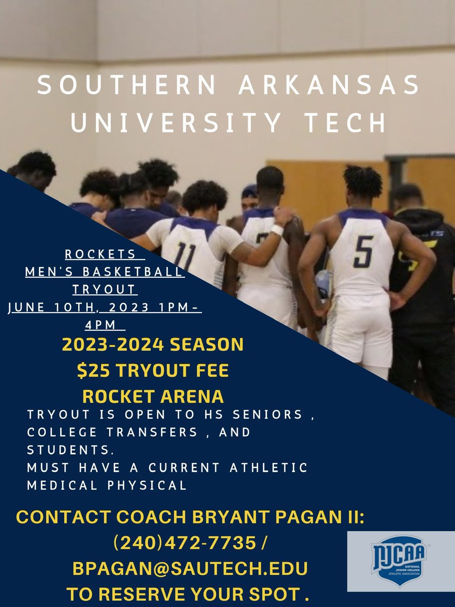 🚨NOW ACCEPTING WALK-INS 

The SAU TECH ROCKETS 🚀 Men’s Basketball Team will host another Tryout . THE FINAL TRYOUT for the 2023-2024 season ! 
All Participants MUST;
Have a copy of An Athletic Medical Physical Form 
Pay the $25 Tryout Fee upon arrival