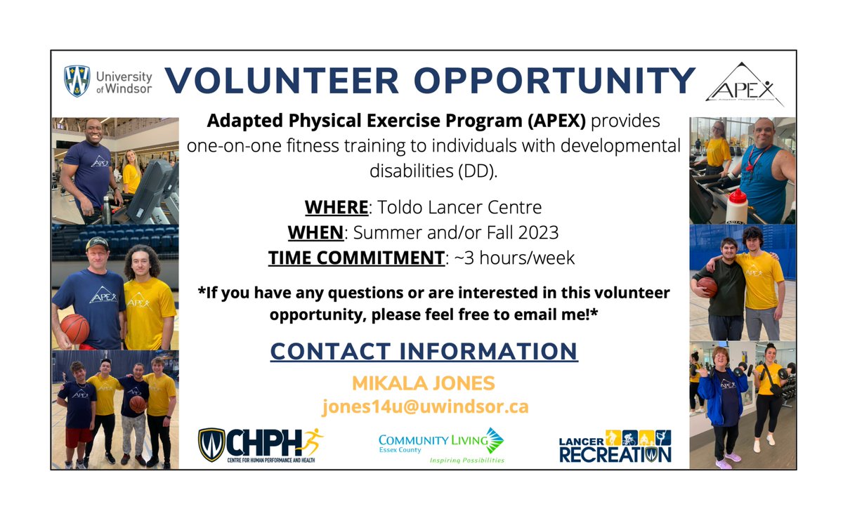 🚨 APEX IS LOOKING FOR VOLUNTEERS 🚨

We’re looking for UWindsor students to volunteer with APEX from July-August, Mondays and Wednesdays, and works out to a total of ~3 hours each week.

If you’re interested or have any questions, please send an email to jones14u@uwindsor.ca