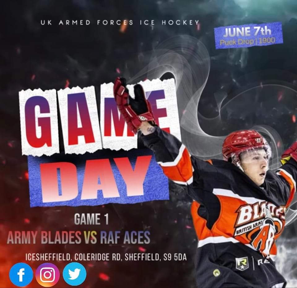 It's game day in the UK Armed Forces Ice Hockey tournament! The ARMY BLADES take on the RAF ACES! 

Puck drops at 1900hrs

#BritishArmySport  #ArmyIceHockey #UKArmedForcesIceHockey #UKAFSport #TriServiceIceHockey

@britisharmysport @britisharmy  @british_army_blades