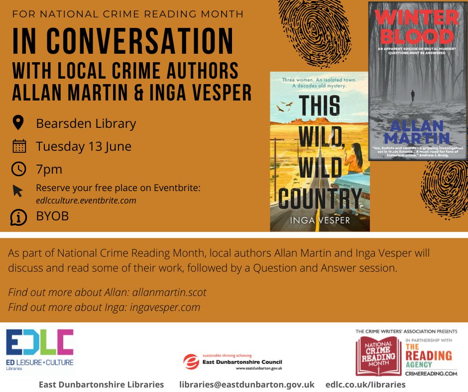 We're delighted to host local authors Allan Martin and Inga Vesper in celebration of National Crime Reading Month!

📍 Bearsden Library
📅 Tuesday 13 June
🕖 7pm

Reserve your free place on Eventbrite ➡ crowd.in/L1KwGP

#PickUpAPageTurner <a href="/AllanMartinAuth/">Allan Martin</a> <a href="/wekesperos/">Inga Vesper</a>