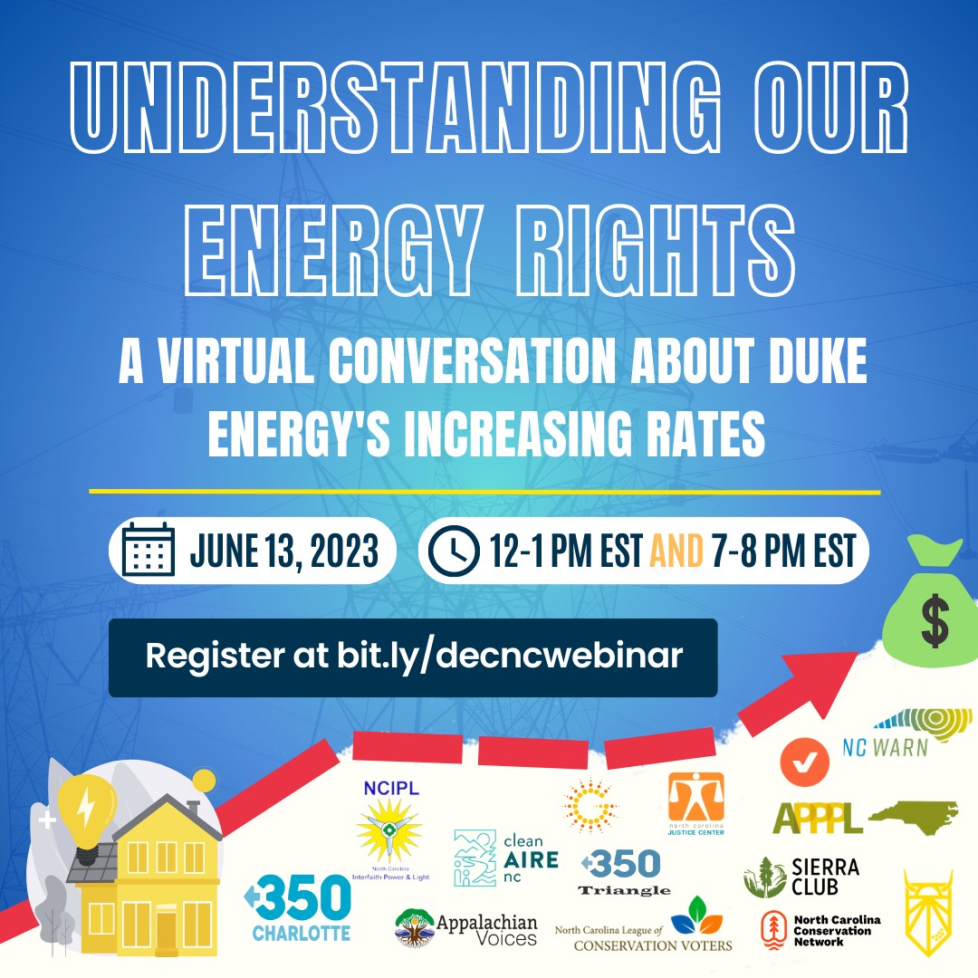 Your Energy Bills Are Rising: A Virtual Conversation on @DukeEnergy Carolinas

Join People Power NC on June 13th for a virtual session about Duke Energy Carolinas’ upcoming hearings and how you can best advocate for your energy rights✊bit.ly/decncwebinar