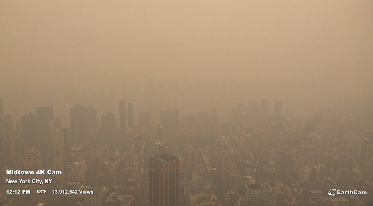 unusual_whales's tweet image. This is a live view of Midtown Manhattan.

This is due to Canadian wildfires.

New York City is currently second only to Delhi, India for the worst air quality and pollution out of 100 tracked countries, according to Swiss air quality technology company IQAir.