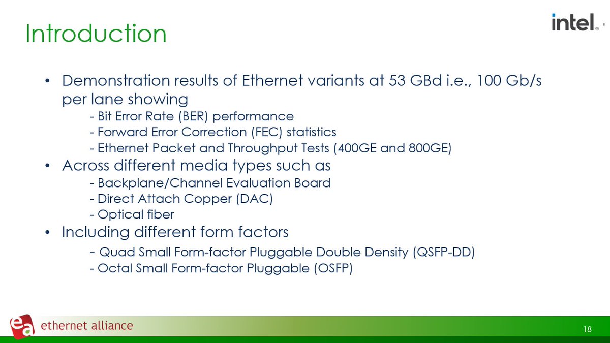 EthernetAllianc's tweet image. We&apos;re now welcoming @intel&apos;s Adithya Muralidharan, who will be discussing demonstration results of #Ethernet variants at 53 GBd i.e., #100Gb/s per lane showing, media types, and form factors. #100GbpsLaneRate