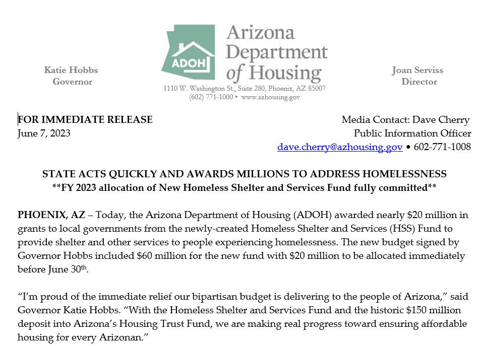 Today, @GovernorHobbs and @AZHousing awarded nearly $20 million in grants to local governments from the newly-created Homeless Shelter and Services Fund to provide shelter and other services to people experiencing homelessness. Read full release here bit.ly/3quSnHO
