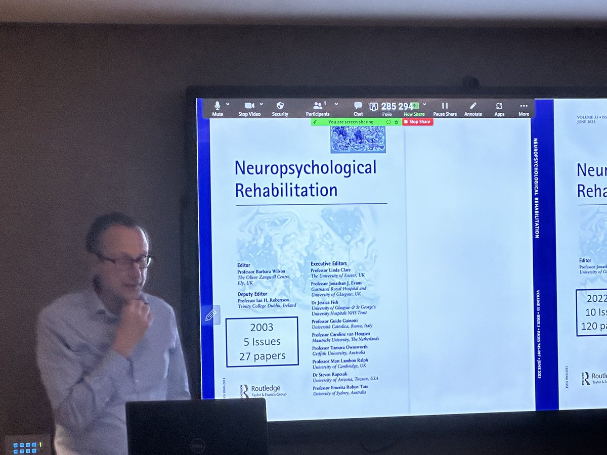Ending tonight’s celebration of 20 years of clinical neuropsychology in Glasgow on a high note with <a href="/jonathanjevans/">Jon Evans</a>. A hopeful account of how both the neuropsych rehab evidence base &amp; range of therapeutic techniques has expanded substantially. Great progress but much more to do.