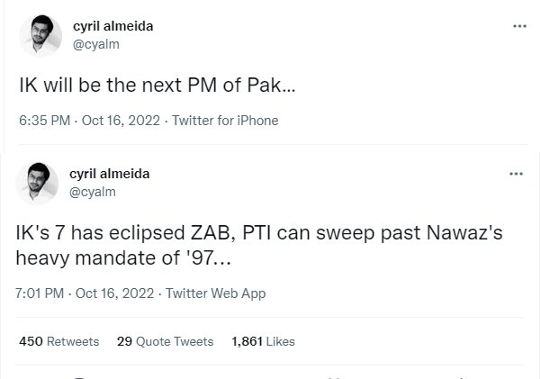 advsfh_tweets's tweet photo. @cyalm hi there! 
Apparently the tweets have been deleted! 
You stand by what you said or you now have realised that things about politics in Pakistan shouldn’t be predicted this earlier? https://t.co/brBPw8ezvj