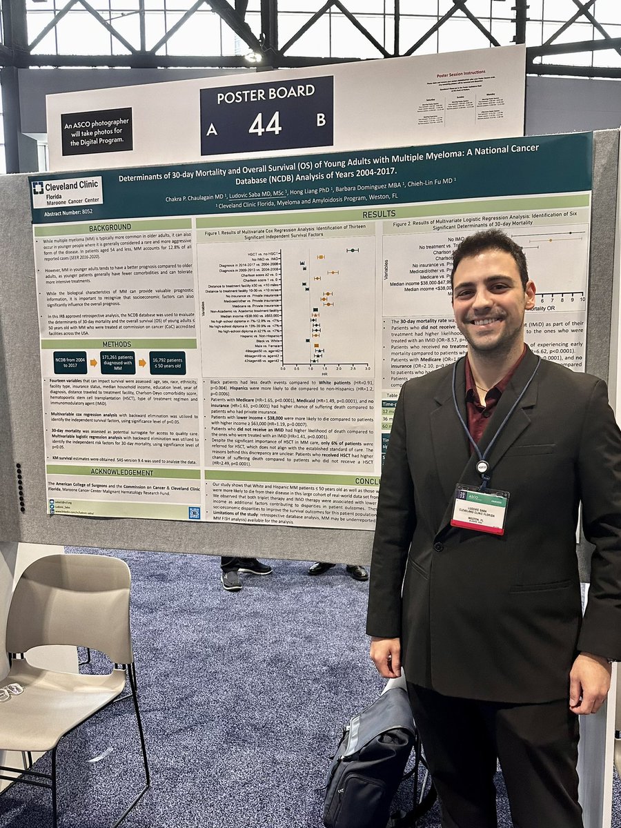 Overjoyed to have attended #ASCO2023 ! Our poster on multiple myeloma in young patients aimed to bridge the knowledge gap in this rare condition. 🌟 Gratitude to @ASCO for driving progress in the field of Hem/Onc. @CleveClinicFL @ChaulagainMD @DomingBarbara #MultipleMyeloma