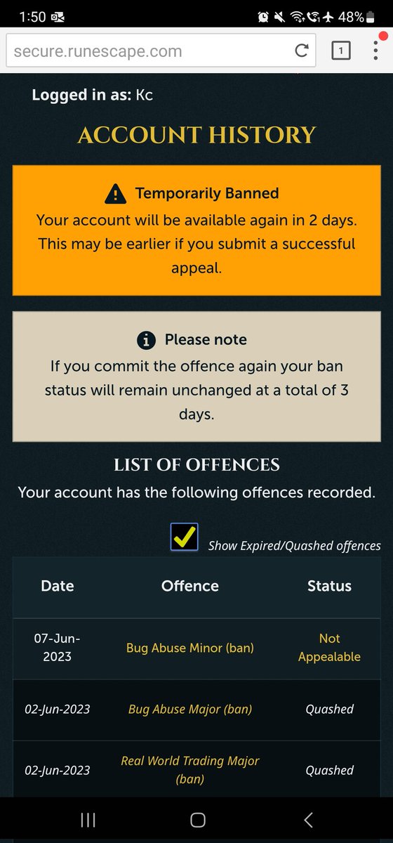 KcOSRS's tweet photo. @KrazySythe All changed to 2 days, not sure what the 'note' means, but just content to have everything back. The stack of offenses are a bit bothersome but whatever. https://t.co/yWJVoIoAky
