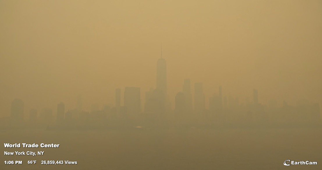 AQI is measuring around 400 right now in NYC. That is very, very high — classified as “hazardous” for everyone. 

See what the earth cam normally looks like vs now. This will continue for many hours, likely into the night.