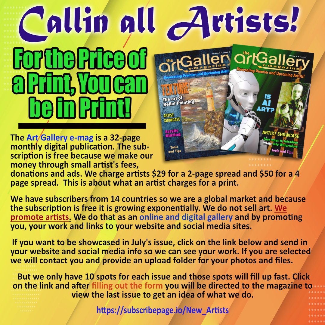 As an artist, if you would like to be featured and showcase your art in our magazine, then click on the link below.
subscribepage.io/New_Artists

#art #gallery #magazine #artists