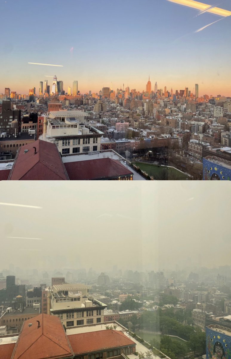 lil_nun's tweet photo. NYC sunset skyline 2 weeks ago vs NYC skyline now #AirQualityAlert #NYC https://t.co/WnyOIgnWv2