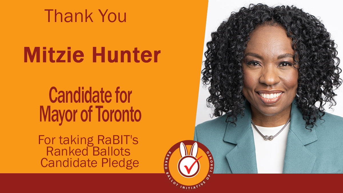 Ranked Ballot Initiative of Toronto (RaBIT) (@torontorabit) on Twitter photo Thank you, Mitzie Hunter <a href="/MitzieHunter/">Mitzie Hunter</a>, Candidate for Mayor of Toronto, for pledging to support #rankedballots in #TOpoli.
#elxn2023 #onpoli #RestoreLocalChoice Thank you, Mitzie Hunter <a href="/MitzieHunter/">Mitzie Hunter</a>, Candidate for Mayor of Toronto, for pledging to support #rankedballots in #TOpoli.
#elxn2023 #onpoli #RestoreLocalChoice