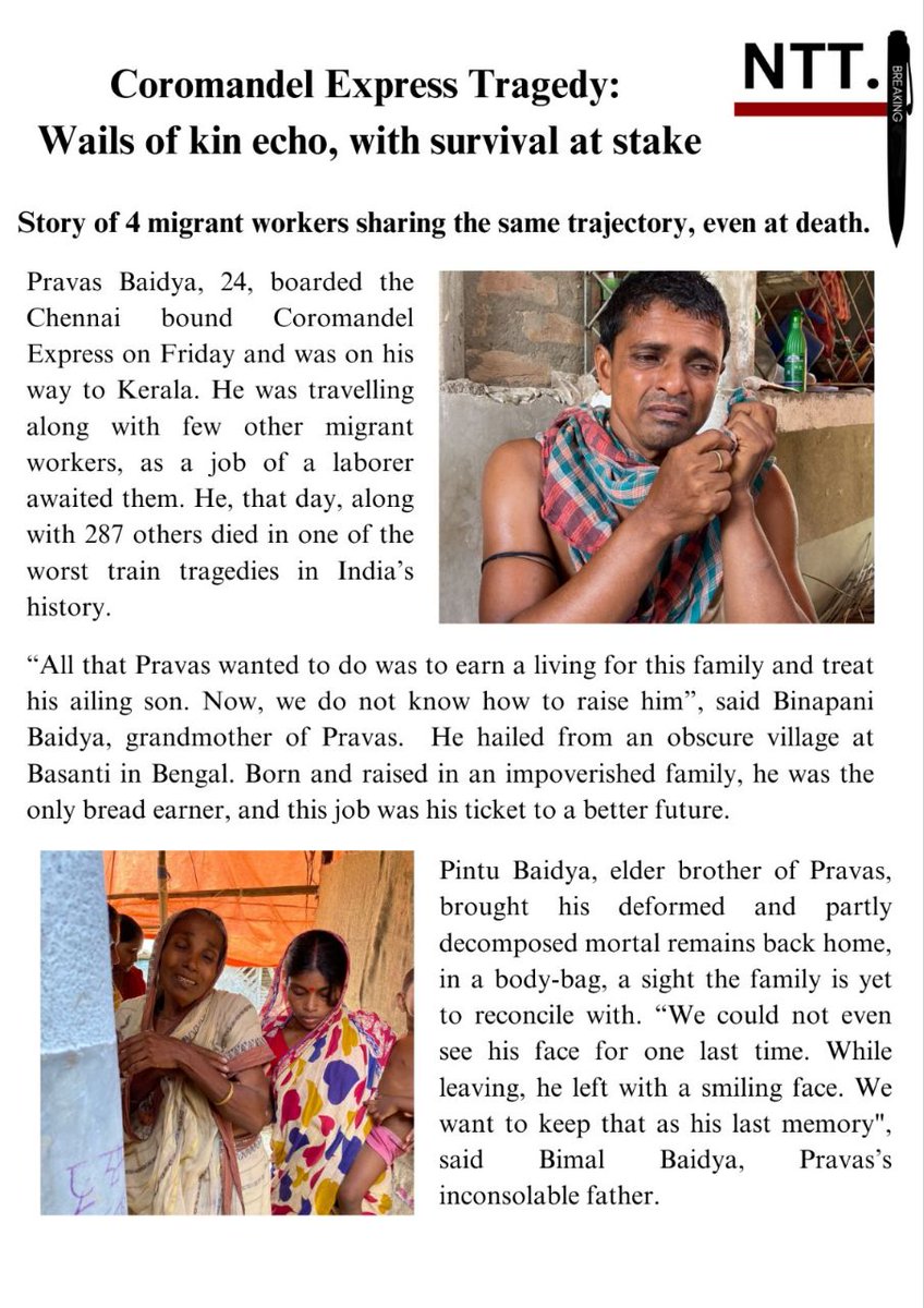 Teetash_12's tweet photo. #CoromandelFiles - The #CoromandelTrainTragedy permanently changed the course of several lives. Irreparable losses surfaced, the Baidya and Gayen families lost their sole bread earners. With survival in question, the families of the deceased, question existence. #NTT https://t.co/jbqRS2mki4