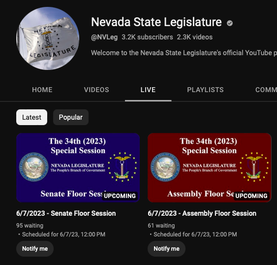 The website doesn't list it yet, but the Nevada Legislature Youtube has the #SB509 special session starting in both houses at 12noon. #FisherOut #LetsGoOakland #Athletics 
youtube.com/@NVLeg/streams