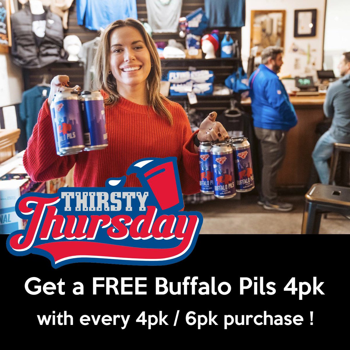 Thirsty Thursday at Flying Bison = FREE beer to go!

This Thursday (6/8), in honor of JA17 getting the Madden ‘24 cover, we’ll give you a FREE 4pk of Buffalo Pils with every 4pk/6pk you purchase to-go!

That means cases of 16oz beers for as low as $30!
