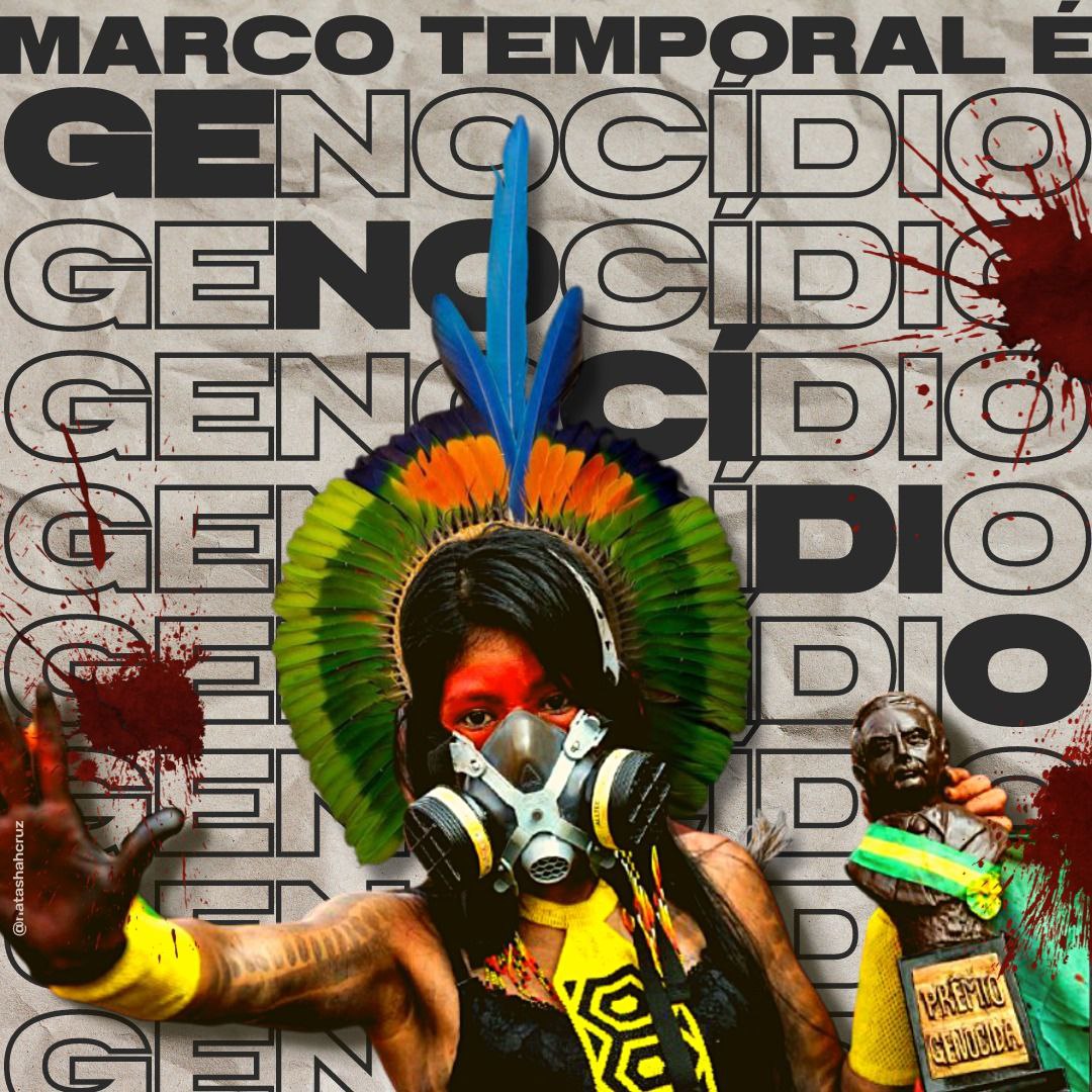 ApibOficial's tweet photo. Terra indígena demarcada é proteção dos bens comuns da natureza. Sem demarcação, só resta devastação. #MarcoTemporalNÃO https://t.co/5uwGfrLyLh