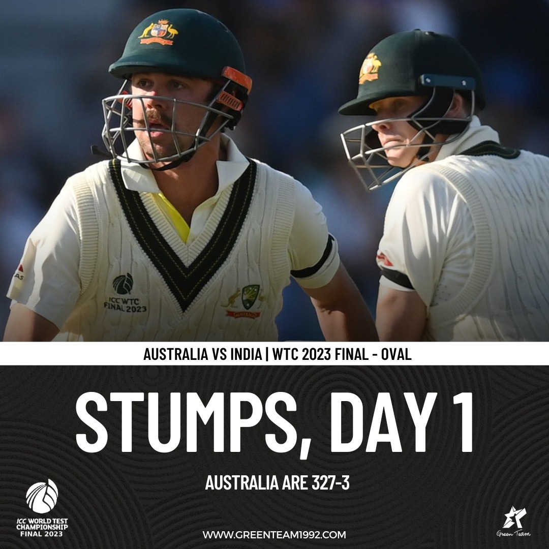 Australia dominates India on Day 1!

The First Day of the #WTC23 Final belongs to Australia 🇦🇺 as they finish on 327-3 courtesy of some brilliance from Travis Head (146)* and Steve Smith (95)*. 

#WTC23 | #AUSvIND | #GreenTeam | #Cricket | #OurGameOurPassion | #KhelKaJunoon