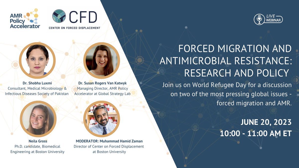Global Strategy Lab (@gstrategylab) on Twitter photo 📢 On #WorldRefugeeDay, the #AMRpolicy Accelerator and <a href="/cfd_center/">Boston University Center on Forced Displacement</a> will partner to host an informative webinar on challenges at the intersection of forced migration & antimicrobial resistance.
Join us on June 20th!
Learn more here ➡️ bit.ly/43ORsAb 📢 On #WorldRefugeeDay, the #AMRpolicy Accelerator and <a href="/cfd_center/">Boston University Center on Forced Displacement</a> will partner to host an informative webinar on challenges at the intersection of forced migration & antimicrobial resistance.
Join us on June 20th!
Learn more here ➡️ bit.ly/43ORsAb