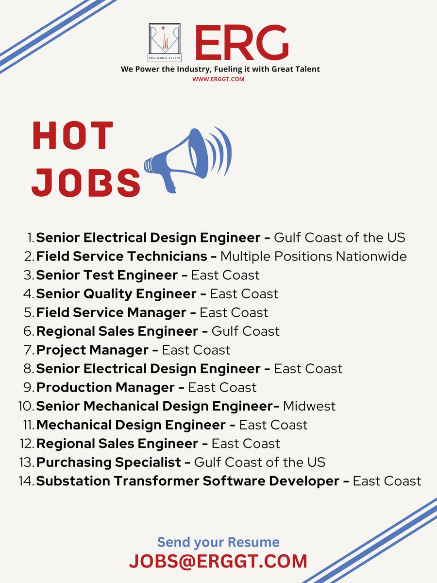 For Transformer related news and opportunities, follow our LinkedIn Page:
lnkd.in/gP4ieFbe

#hotjobs #hotjobalert #openjobs #openfornewopportunities #fieldservicejobs #fieldservicetechnician #electricalengineer #testengineer #qualityengineer #salesengineer #linkedin