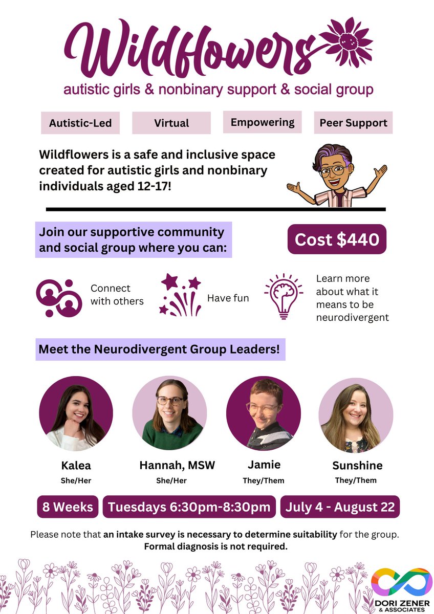WILDFLOWERS is here! Our new support and social group for autistic girls and nonbinary teens in Ontario age 12-17. 
We are changing the trajectory of the next generation of autistic women and nonbinary people! So proud!
To register: dorizener.com/wildflowers
#autism #autisticpride