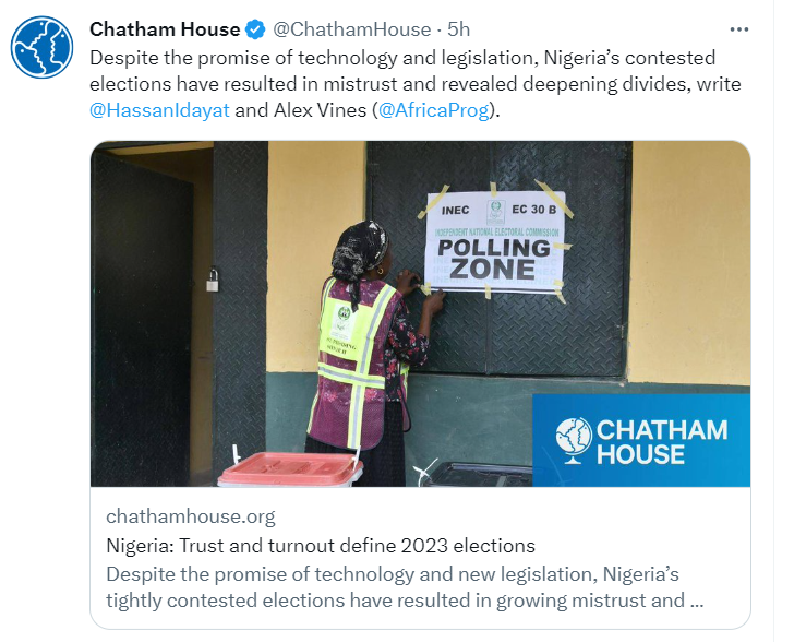 Prof Yakubu Mahmood Globetrotted d world with a pretentious face but jettisoned all INEC's Guidelines
Now Nigeria is more Divided- <a href="/ChathamHouse/">Chatham House</a> 

🇳🇬
BREAKING NEWS Mr. Peter Obi Arise TV Alex Otti Manslaughter David Hundeyin Scam #protest Muslim Muslim Cameroon Iyabo Ojo El Rufai