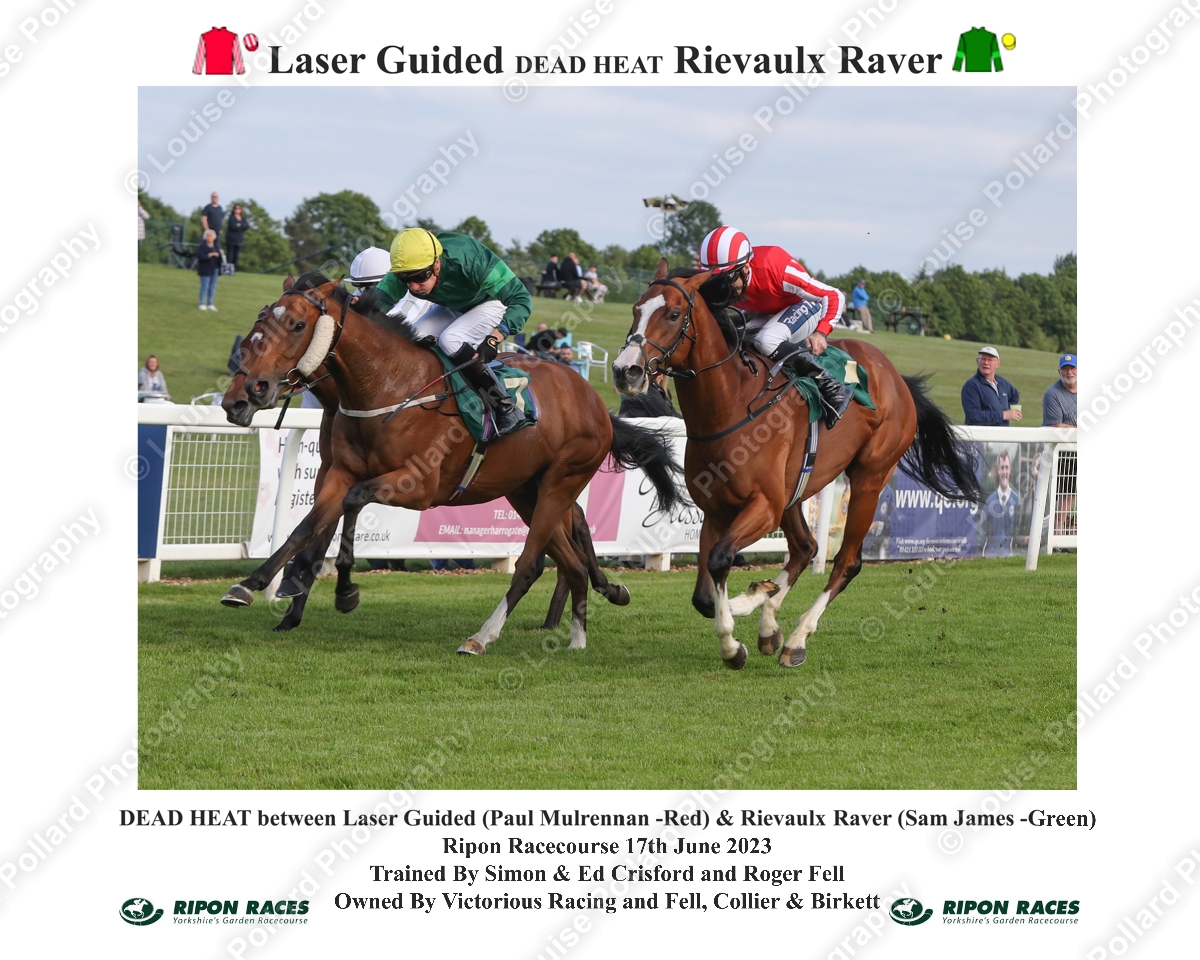 DEAD HEAT between Laser Guided (Paul Mulrennan -Red) &amp; Rievaulx Raver (Sam James -Green) <a href="/RiponRaces/">Ripon Races</a>  17th June 2023 Trained By <a href="/SimonCrisford/">Simon Crisford</a>
<a href="/edcrisford/">Edward Crisford</a> and <a href="/rogerfell22/">Roger G Fell</a> Owned By Victorious Racing and Fell, Collier &amp; Birkett bit.ly/3J140g3
